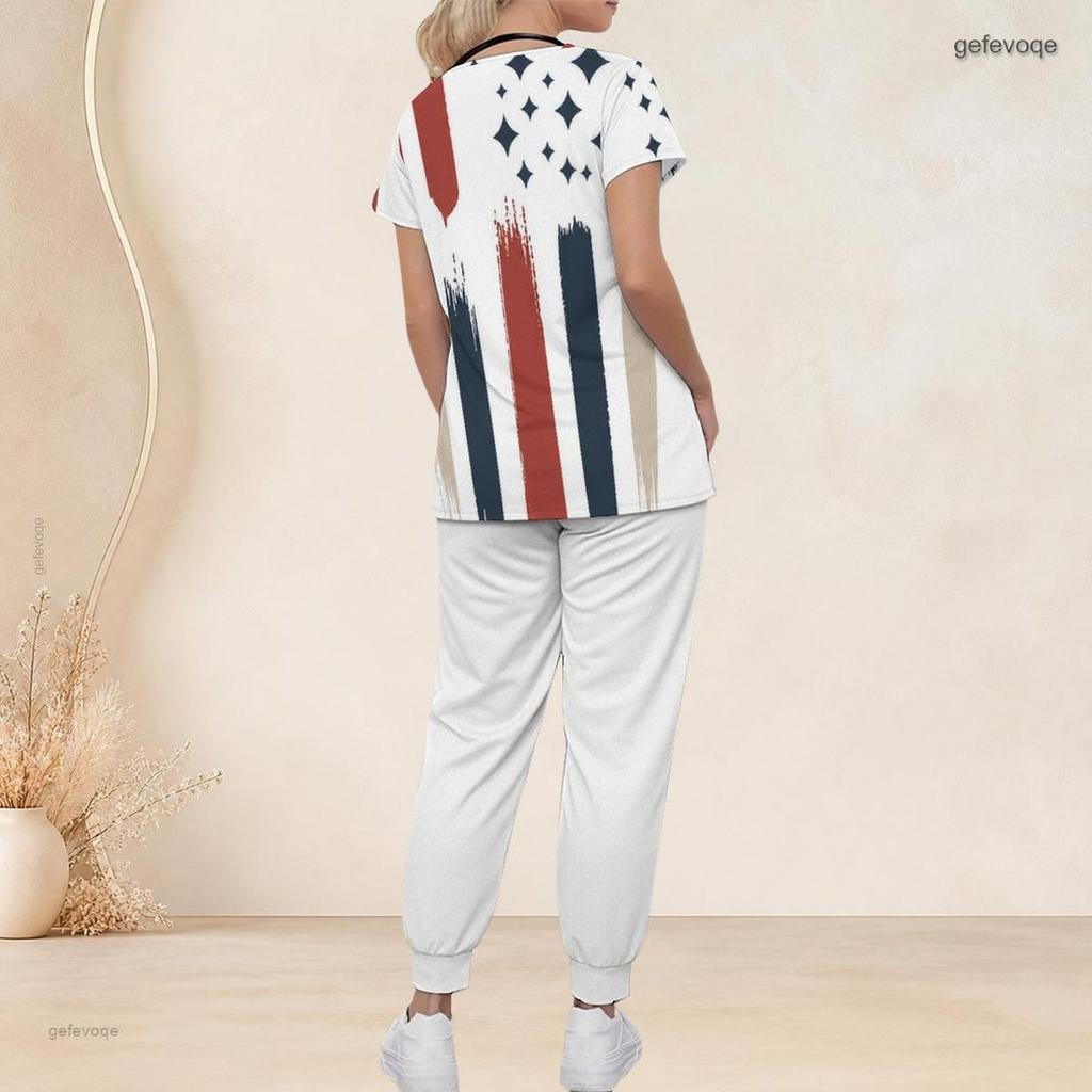 Women Plus Size V Neck Short Sleeve Scrub Set Retro American Flag Star Stripe Print Nurse Uniform Set