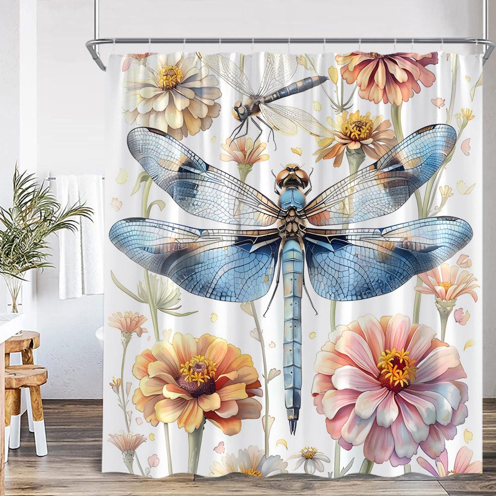 

Dragonfly Floral Shower Curtain Insect Flower Wistera Plant Bathroom Decor Modern Polyester Bath Curtain With Hook With Hook W60H190(CM)-1 Pcs