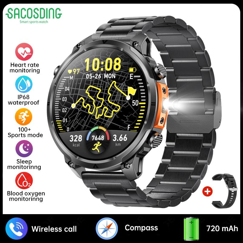 SACOSDING Smart Watch Men Outdoor Sports GPS Positioning Flashlight Altitude Air Pressure BT Calling Health Monitoring Smartwatch