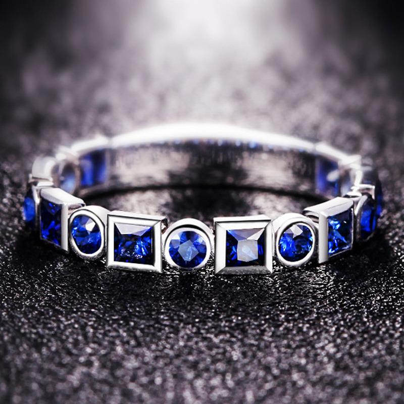WOSIKATE Simple Row-set Synthetic Sapphire Ring For Women Silver-plated Fashion Jewellery Vintage Engagement Finger Ring