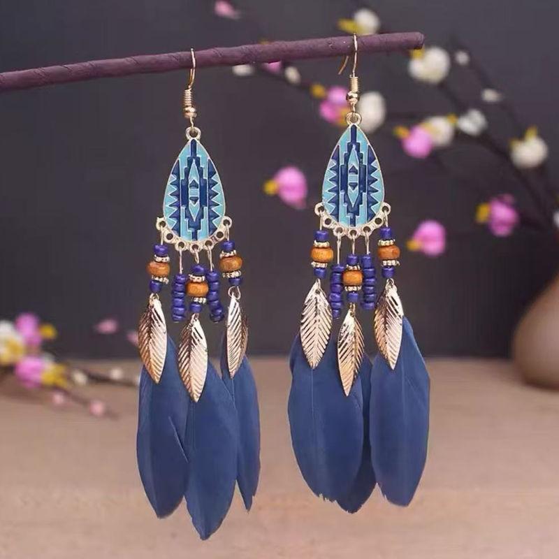 Vintage Lange Feder-Hängeohrringe für Damen Böhmischer Schmuck