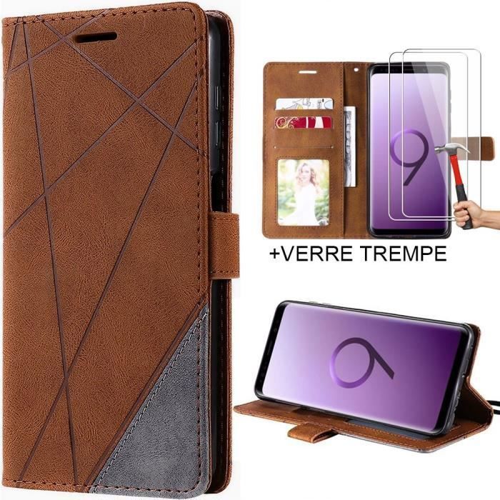 Coque pour Samsung Galaxy S9 - BOOLING - Effet Cuir Marron - Semi-rigide - Livré avec 2 Verres Trempés