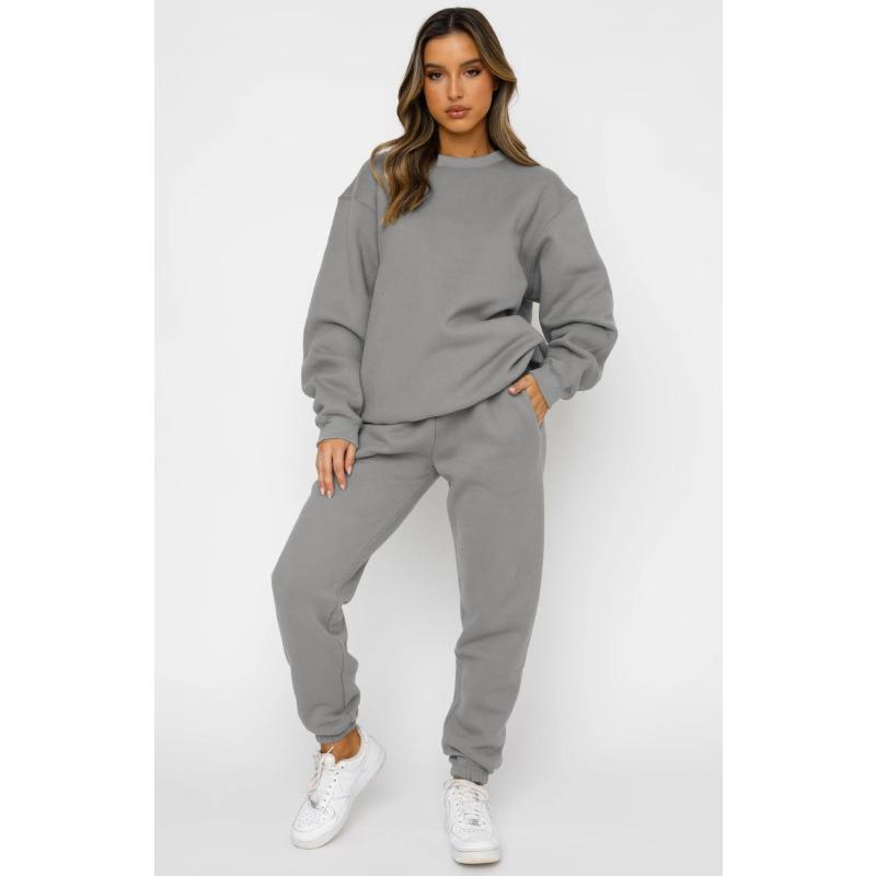 

Autumn and winter solid color round neck pullover trousers women s clothing, fashionable casual long-sleeved sweater suit, the latest design S сірий колір