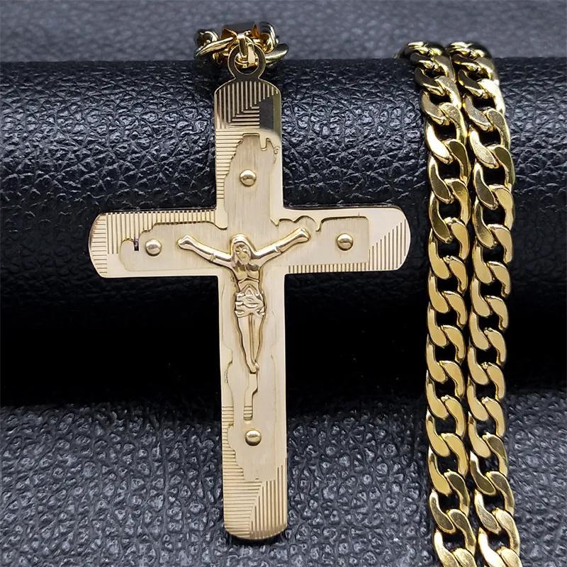 Collana con Croce di Gesù Acciaio Inossidabile Catena per Uomini Colore Argento Crocifisso Collane Religiose Gioielli Collare Cruz N2343S05