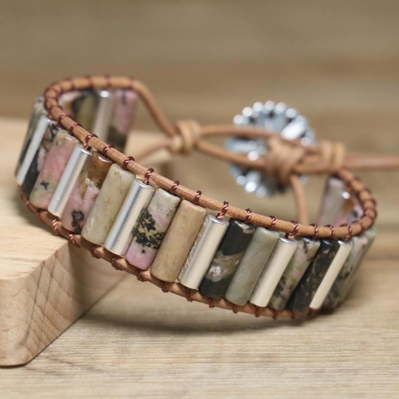 Rhodonite Mixed Stone Tube Wrap Bracelet – Silver Accent Leather Boho Jewelry, Love Grounding Gift for Men Women