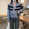 Autumn and Winter Women's Sweater Short Striped V-Neck Sweater Design Chic Long Sleeve Knitted Cardigan