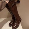 2025 New Retro Style But Knee Boots Round Head Knight Boots Thick Heel Metal Belt Buckle Slim Straight Boots