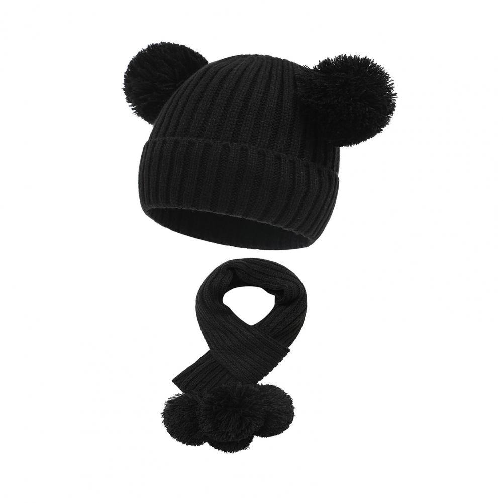 

2 шт./комплект детский шапка шарф комплект утолщенный плюшевый вязаный нескользящий меховой мяч декор ветрозащитный сохраняющий тепло 4-10 лет девочки мальчики открытый N чёрный