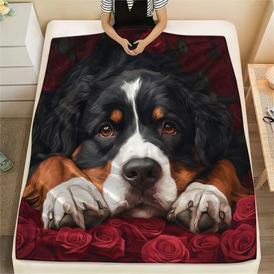 Bernese Mountain Dog and Roses Pattern Flannel Blanket, High Quality Comfortable for All Seasons, Home Decor, Warmth and Comfort, Perfect for Gifts.