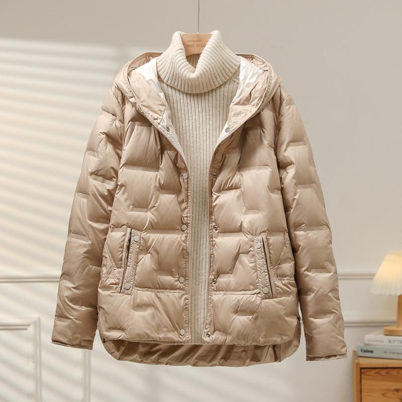 White Duck Down Coat Autumn Winter Women Casual Hooded Single Breasted Jacket Light Puffer Parka Outwear
