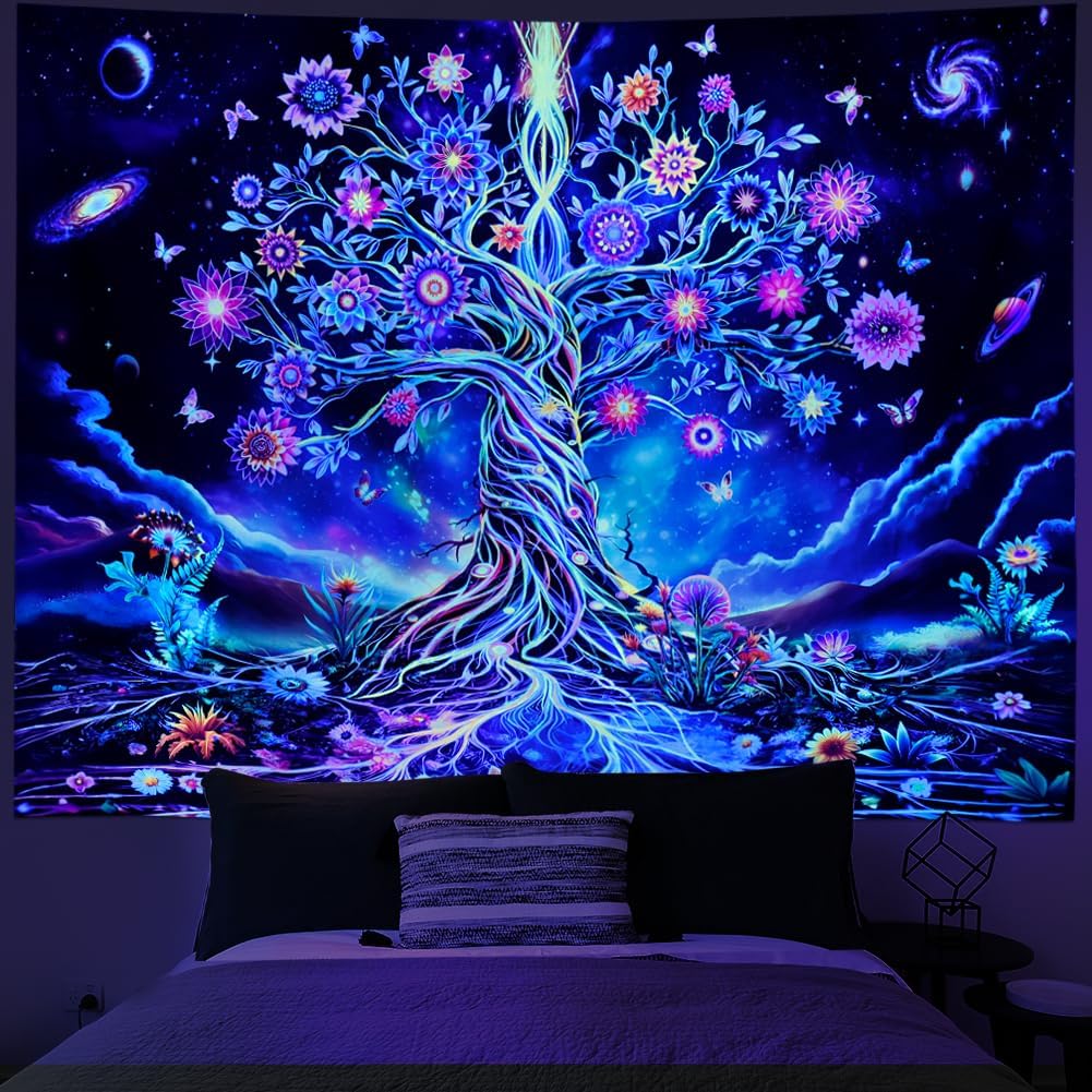 Ameyahud Blacklight Tree of Life Tapestry UV Reactive Neon Tree Tapestry Galaxy Space Tapestries Flower Floral Aesthetic Tapestries Fantasy Forest