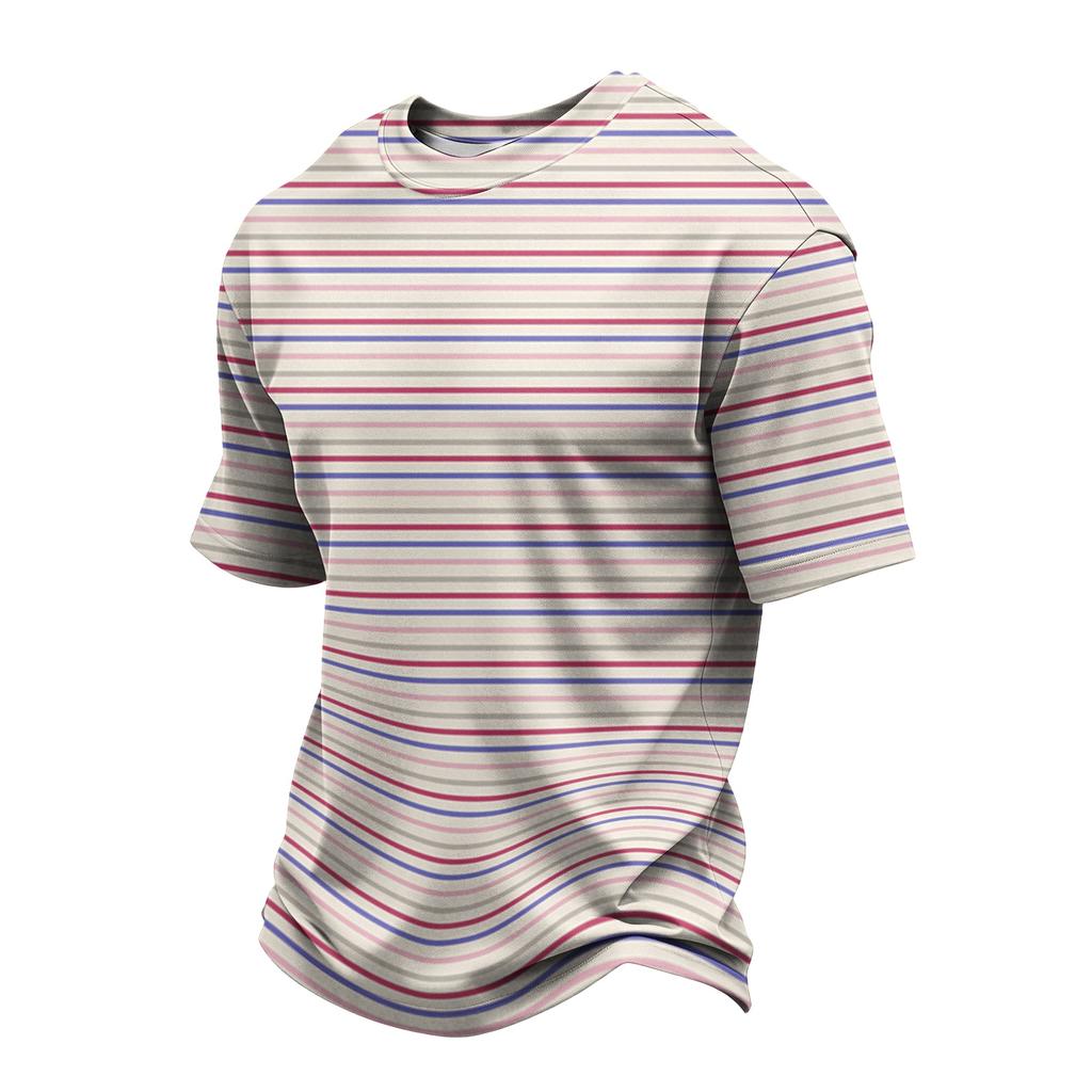 Men's Casual Quick-Dry Short Sleeve Shirt with Round Neck Lightweight Mesh and Striped Design