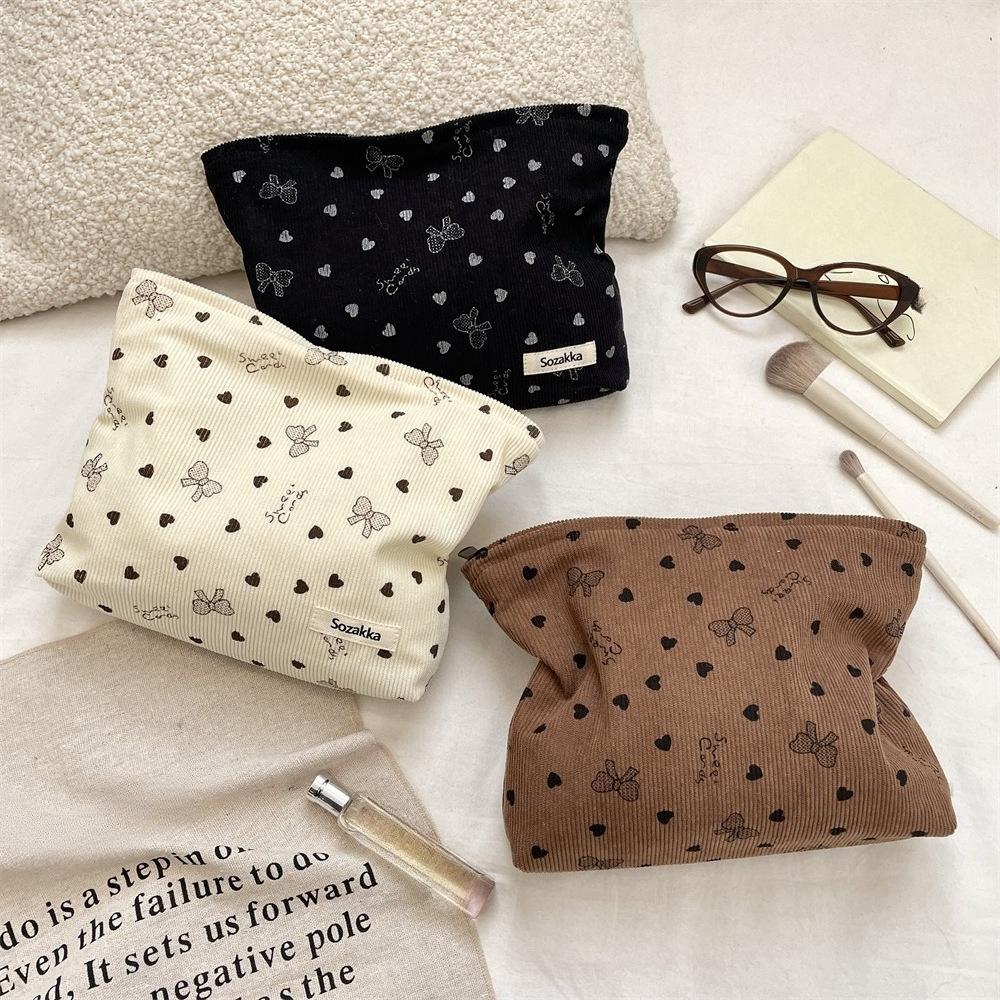 Corduroy Makeup Bag for Women Large Capacity Travel Cosmetic Bag Girl's Make Up Organizer Portable Cute Bow Makeup Pouch