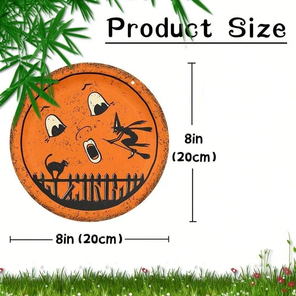 

1pc Halloween Pumpkin Metal Sign, Retro - Style Hanging Decor with Witch, Cat & Fence, Spooky Bar/Cafe Wall Art