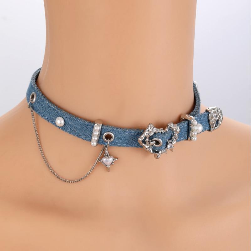 1 Stück Nischen-Design Denim-Serie Hohes Gefühl Liebes-Halskette Retro Blaue Choker-Schlüsselbein-Kette Trendiges Mädchen