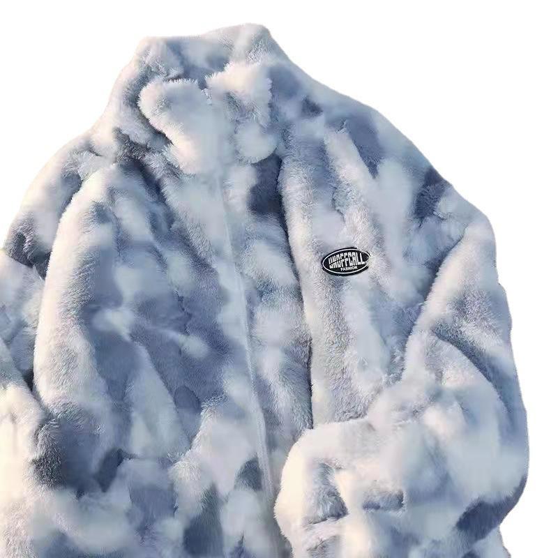 Women's Tie Dye Lamb Fleece Jacket Autumn Winter Zipper Outerwear Warm Plush Jackets Harajuku Casual Loose Female Thick Coat