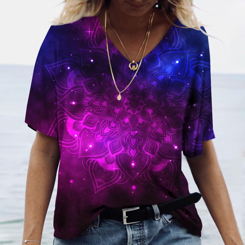 Ny fransk dame V-hals Kontrast Fritid V-krage T-skjorte med blomstertrykk 2023 Vår Sommer Slim Fit Kortermet T-skjorte for kvinner