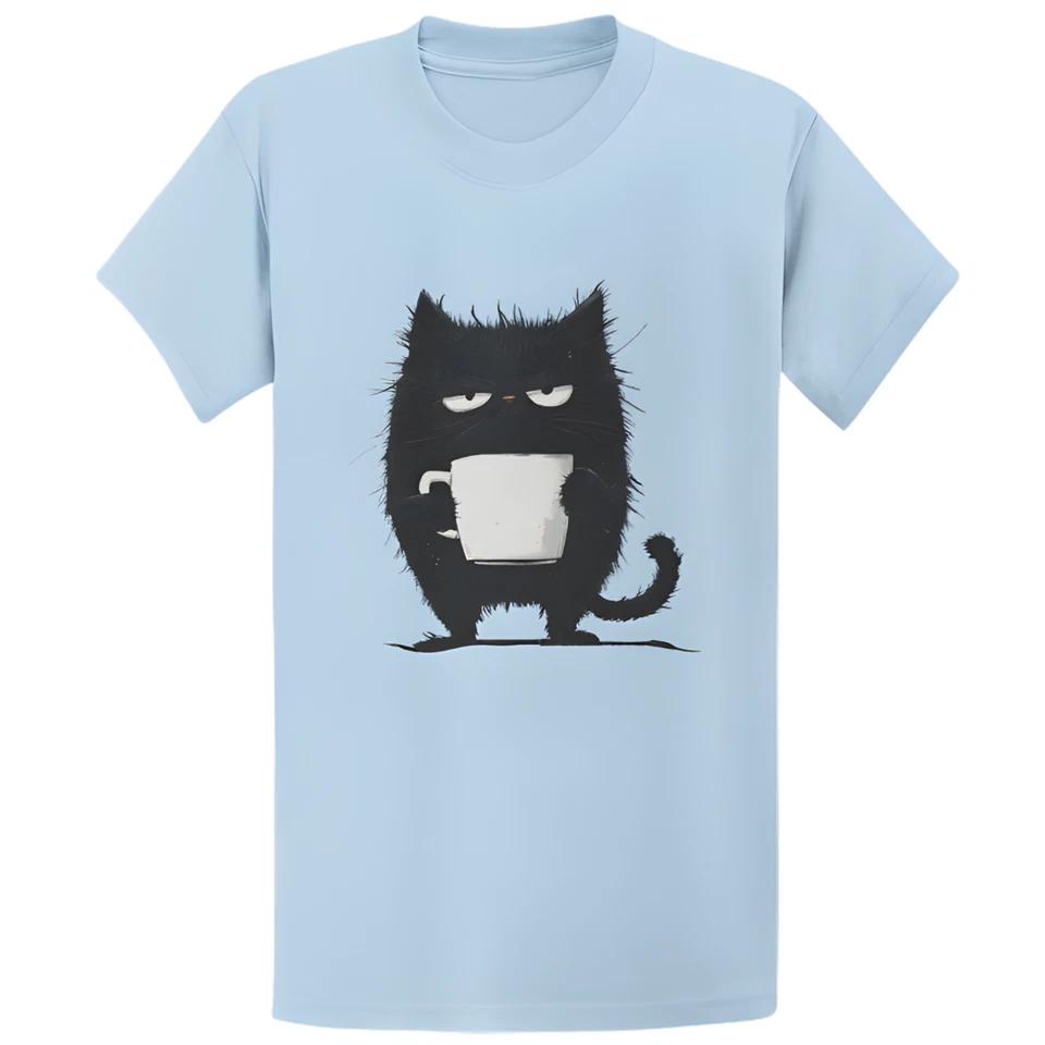 Gildan 5000 Grumpy Black Cat Coffee T-Shirt - Kawaii Tired Cat Lover Gift Tee 2 3XL