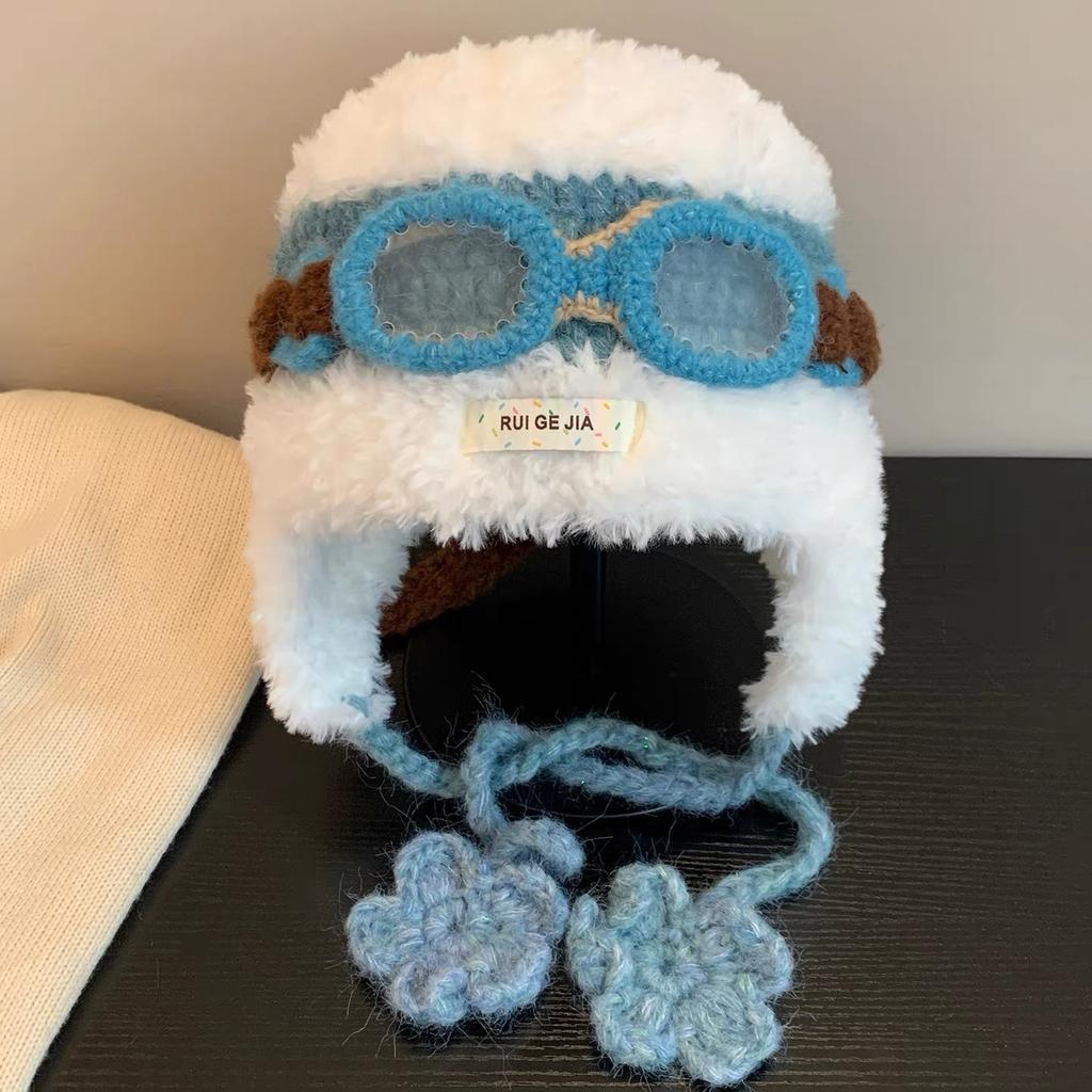 Fleece sandalwood cute glasses flying ear protectors Lei Feng hat children's autumn and winter warm plush knitted hat