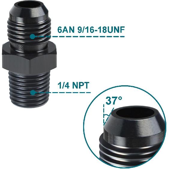 6AN Male Flare To 1/4 NPT Fitting, 2PCS 6AN Straight Fittings Aluminum | Hose Pipe Fitting Adapter Aluminum Alloy (Black) SDZONGES