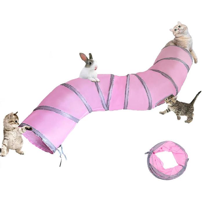 Cat Tunnel Tube Toy Kit Collapsible 2 Way Grey Plush, Pet Tunnels for Indoor Cats, Long Tubes for Puppy, Kitty, Kitten, Rabbit for Playtime &
