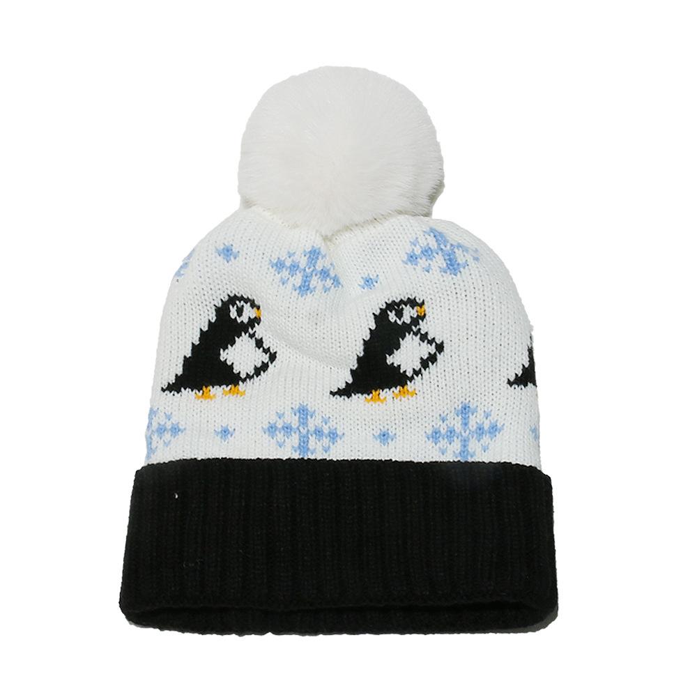 

Winter hat children Korean version cute outdoor ski hat fleece thickened warm cold hat penguin jacquard knitted hat 2025 M（56-58cm） белый