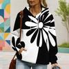 Women Plus Size Black White Floral Printed Long Sleeve Drawstring Hood Kangaroo Pocket Pullover Hoodie