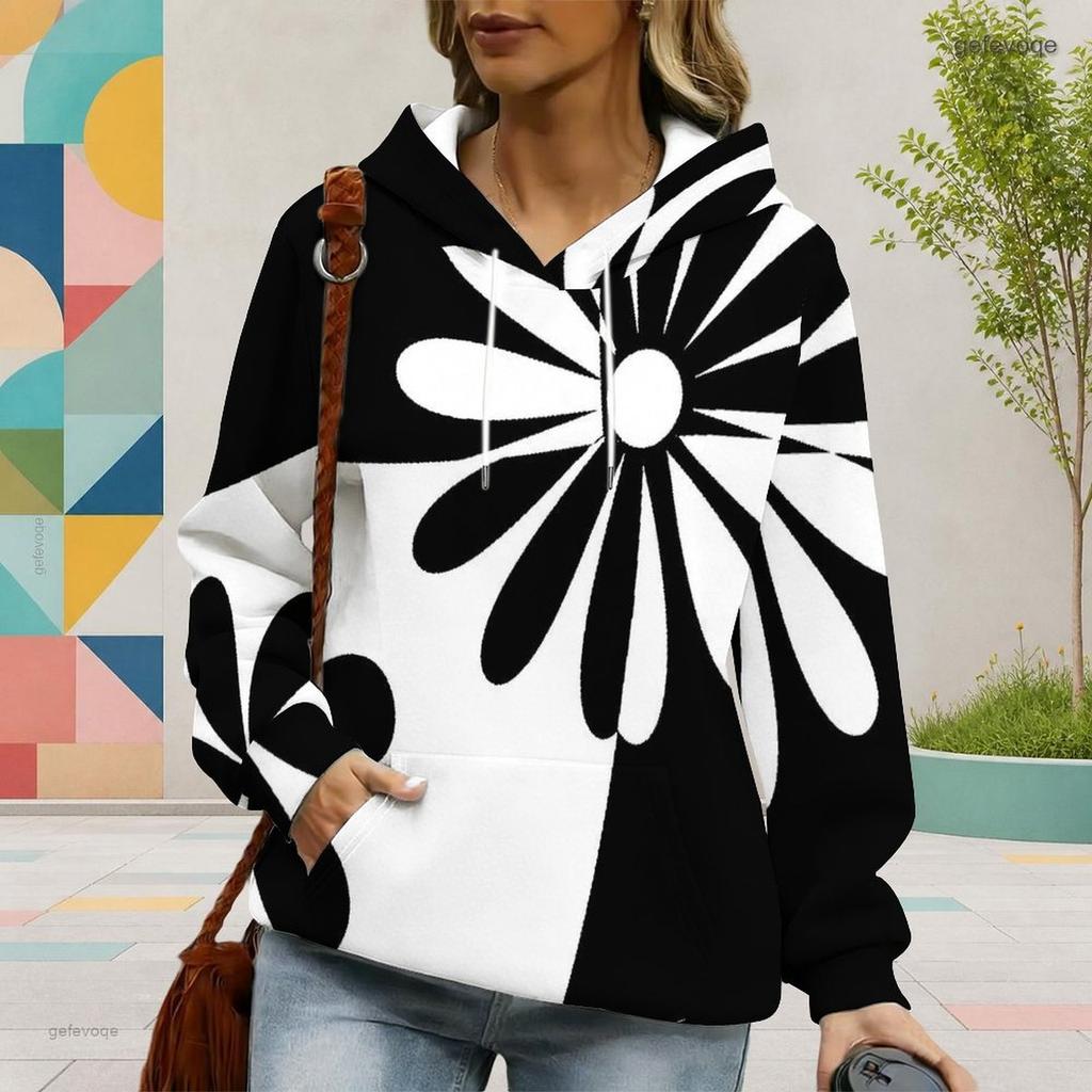 Women Plus Size Black White Floral Printed Long Sleeve Drawstring Hood Kangaroo Pocket Pullover Hoodie