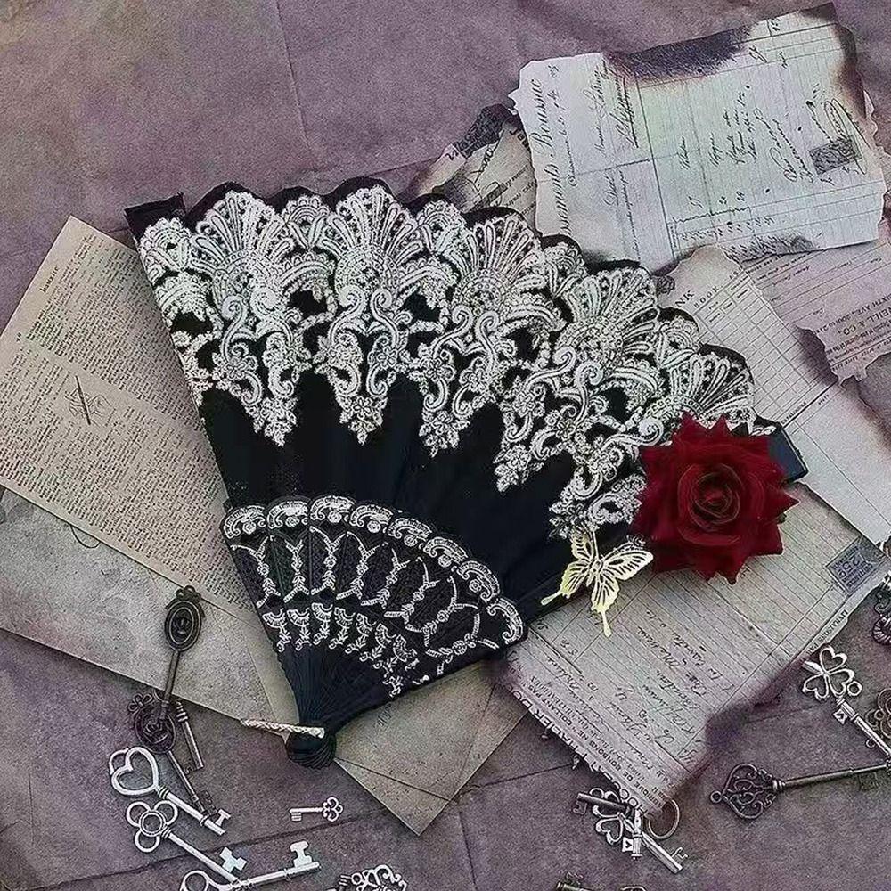 Art Craft Gift Lace Rose Folding Fan Gothic Dance Cosplay Hand Held Fans Home Wedding Party Photograph Props