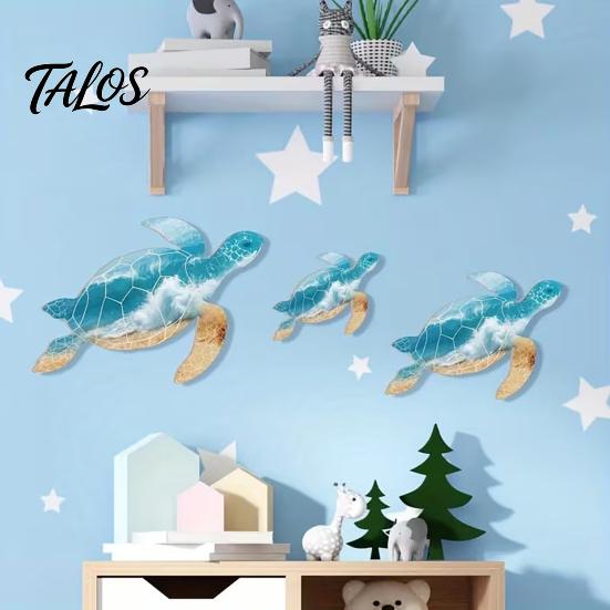 No Drill Wall Art 3Pcs Wooden Turtle Art, Ocean Theme Hanging Ornaments for Bathroom Coastal Resort Living Room Bedroom, Beach Style Decorations with