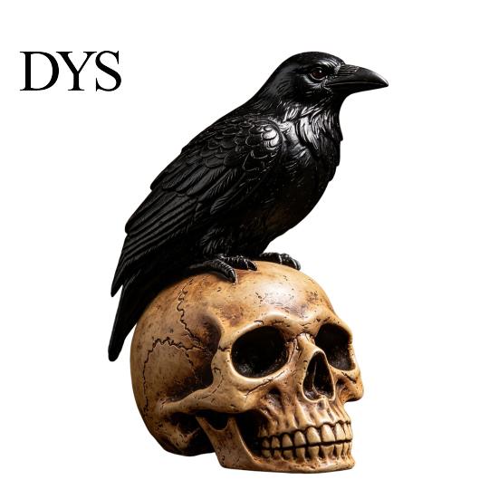 Creepy Gothic Accents Halloween Skull Figurine, Realistic Human Head Statue, Crow on Statue Sculpture for Home Tabletop Mantel Decor Decorations