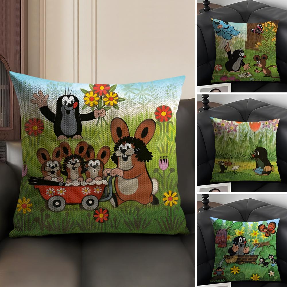 TThe LittleE Mole Cartoon Cushion Cover Natural Linen Organic Fabric DoubleSided Printing Sofa Home Decor Gift Pillow Case