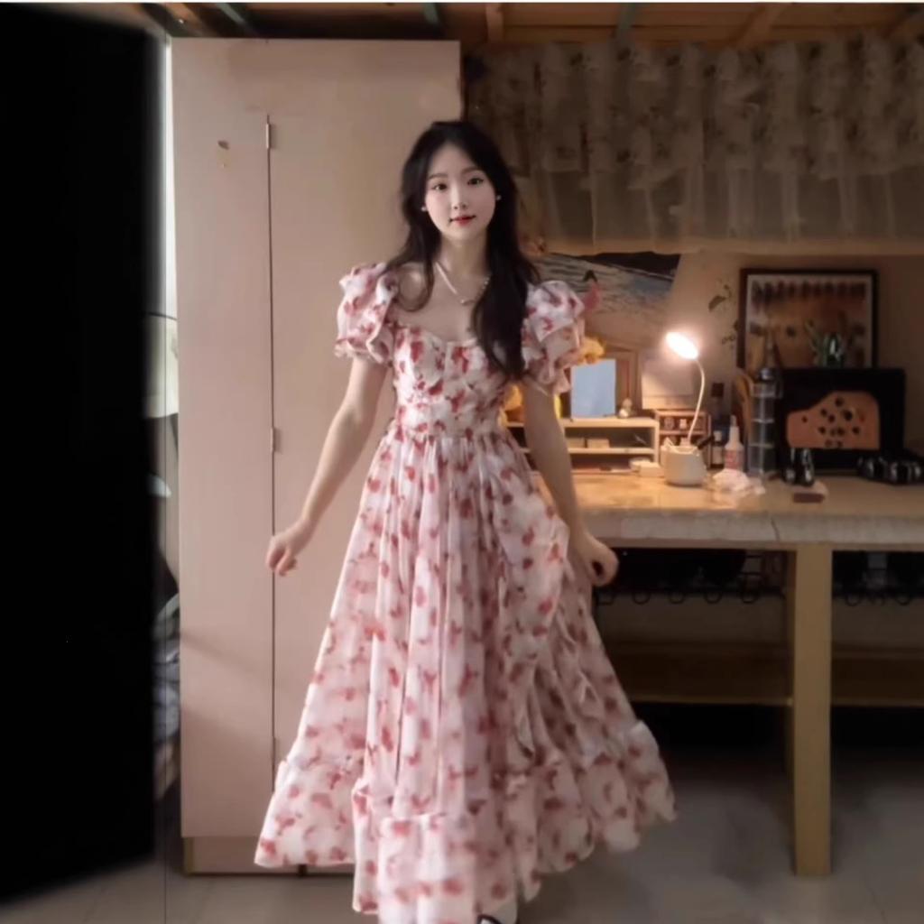 French sweet floral off-the-shoulder square collar dress for women's summer 2026 new gentle temperament medium and long princess dress