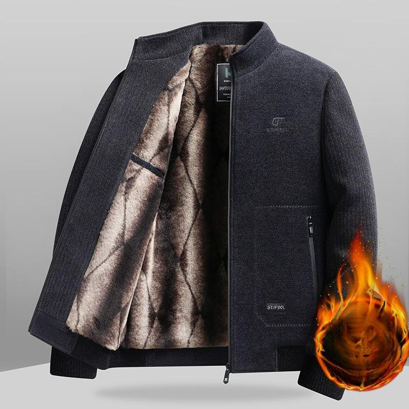 Autumn and Winter Men's Plus Velvet Thick Chenille Jacket Dad Loose Stand-up Collar Jacket