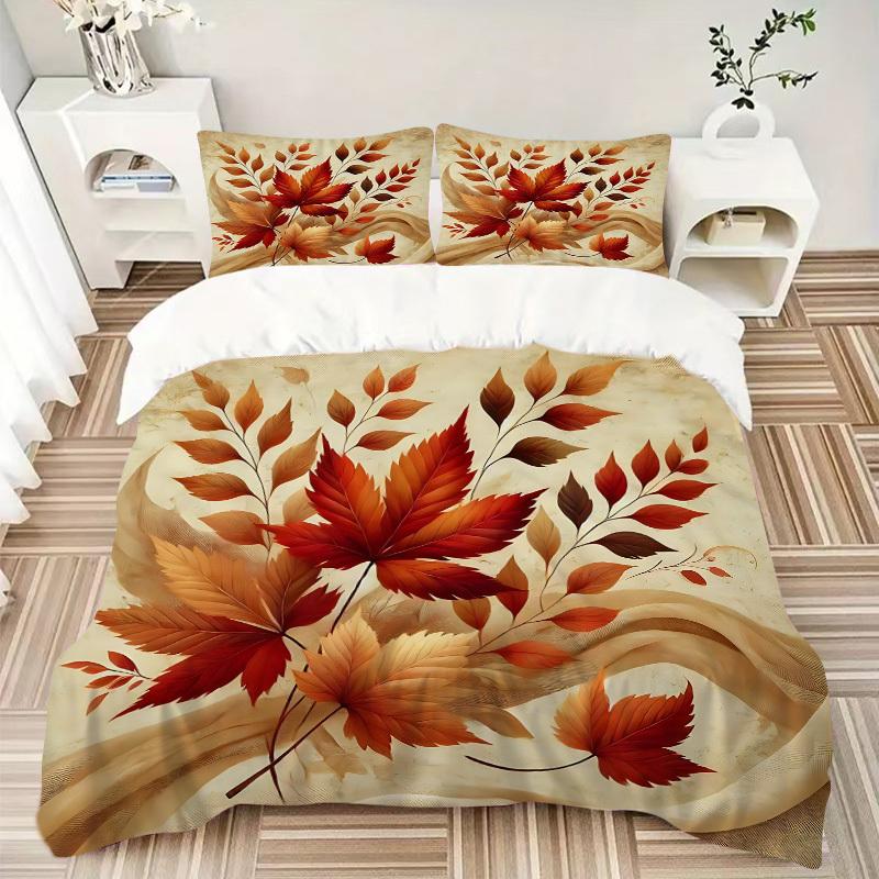 3pcs bedding set Autumn Leaves Includes 1 Comforter + 2 Pillowcases, Without Pillow Inserts, Soft Comfortable, Lightweight Breathable, Print