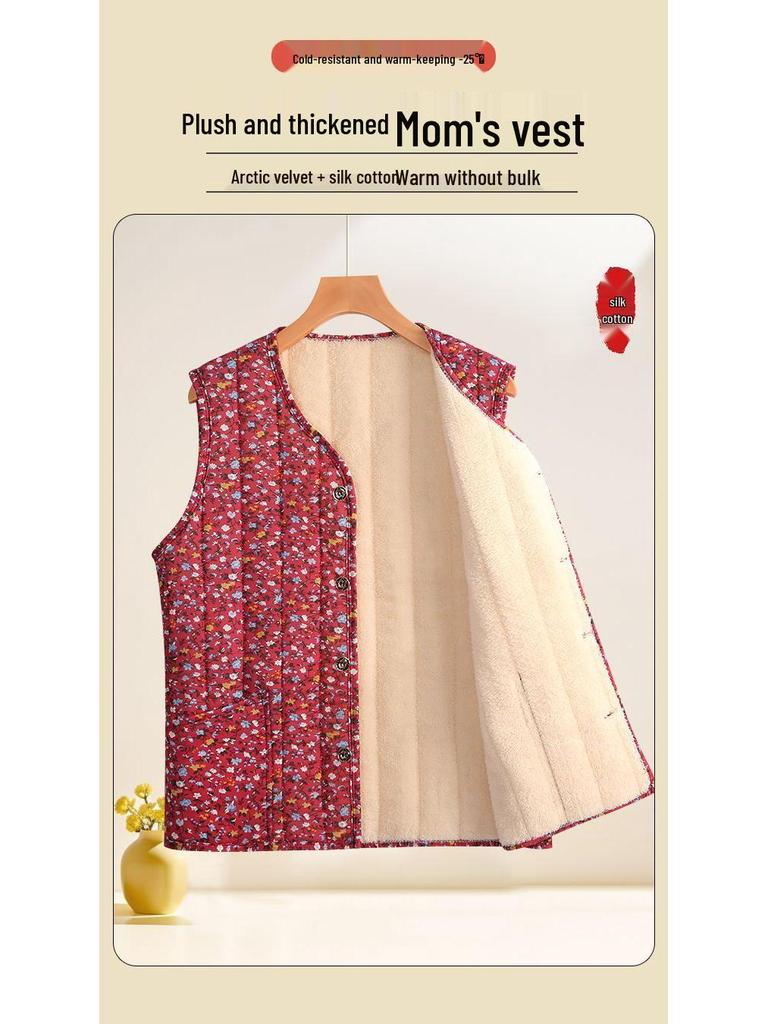 Květinová fleecem podšitá teplá vesta pro ženy středního a staršího věku