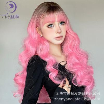 Synthetic Long Curly Wig With Air Bangs Pink Body Black Roots Full Cap Cosplay Women