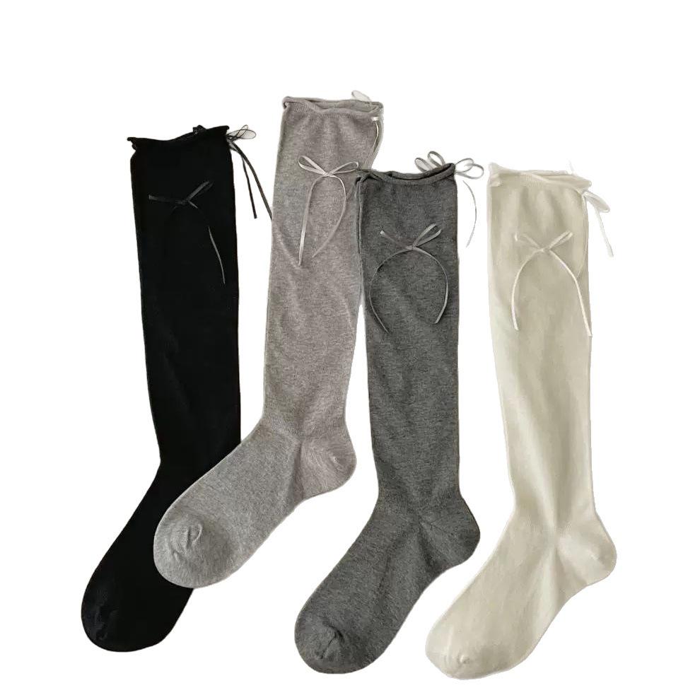 Spring/Summer Korean Style Solid Color Calf-Length Bow Knot Ballet Socks - Women's Thin, Breathable Design