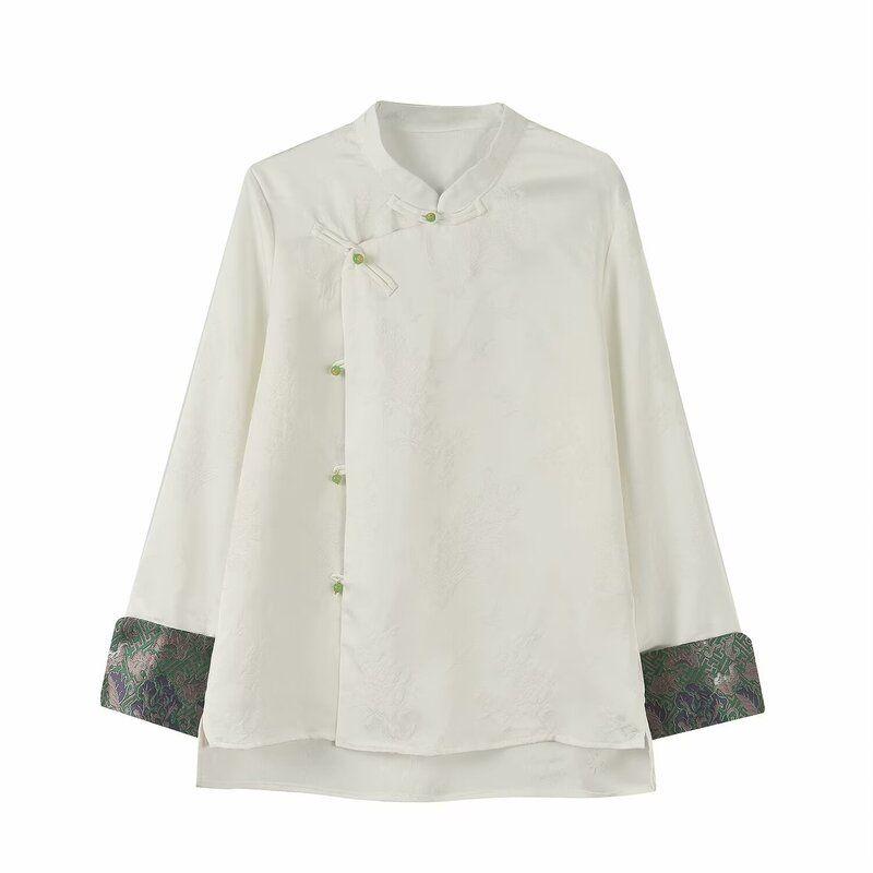 

Fashion Style 2024 Spring/Summer New Arrival Women s Clothing Stylish Easiest for Match National Style Slimming Patchwork Cufflinks Jacquard Shirt White 2XL