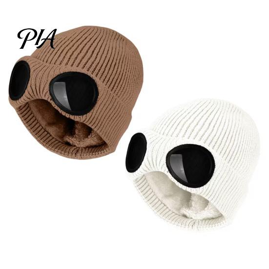 Warm Hat for Most Head Sizes 2Pcs Fleece Lined Hats with Goggles, Winter Knit Casual Accessory Outdoor Activities Hats, Windproof Skiing Caps