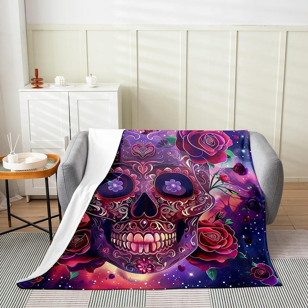 Erosebridal Sugar Skull Throw Blanket Romantic Rose Floral Fleece Blanket Queen Mysterious Starry Sky Blanket Exotic Skeleton