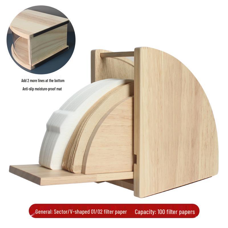 

Solid Wood Coffee Filter Paper Storage Box with Dustproof V60 Cone Rack and Arched Base.
