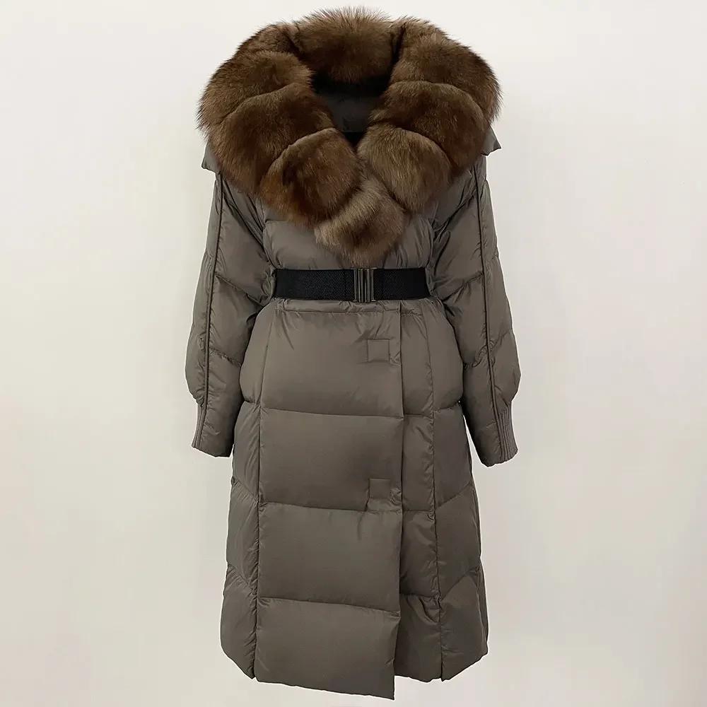 OFTBUY Winter Jacket Women Long Natural Real Raccoon Fox Fur Collar White Duck Down Coat Belt Thick Warm Casual Outerwear