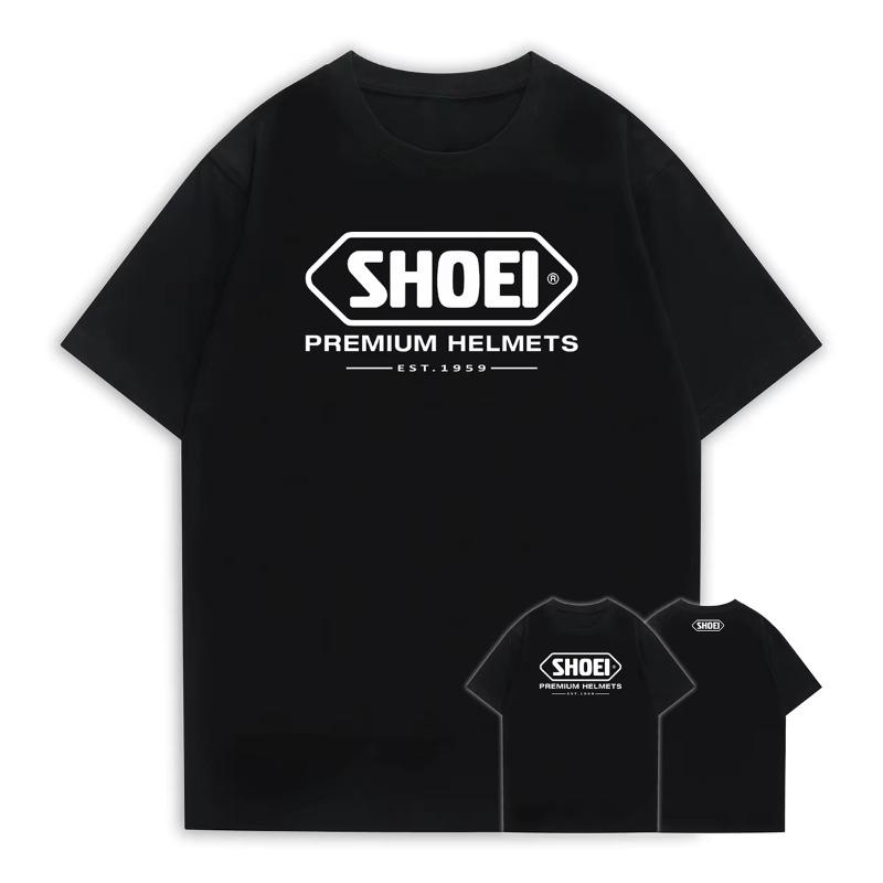

A Black Round-neck Short-sleeved T-shirt with A Classic Japanese SHOEI Motorcycle Racing Helmetthe Same Style As Marquis Summer L