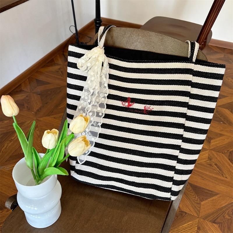 11 striped simple double-sided canvas bag, summer new large-capacity student shopping shoulder bag