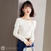 Boat Neck Knit Top with Ribbon Slim J-Scott Motif, Lightweight, Soft, Fit, 1/4 Sleeves, White, JS112-WH-L