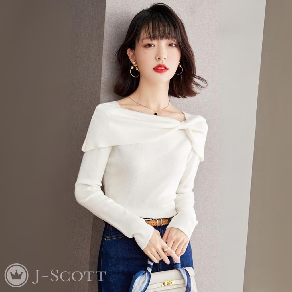 Boat Neck Knit Top with Ribbon Slim J-Scott Motif, Lightweight, Soft, Fit, 1/4 Sleeves, White, JS112-WH-L