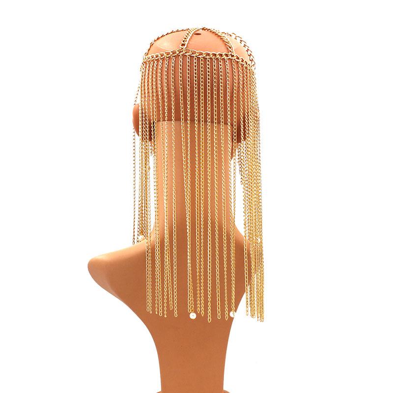 Exaggerated Long Tassel Aluminum Chain Headpiece with Pearl Pendant for Women
