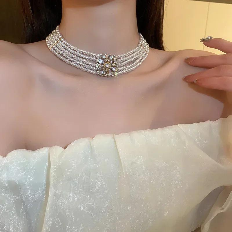 Elegant Multilayer Zircon Choker Necklaces for Women Crystal Flowers Necklaces Weddings Party Zircon
