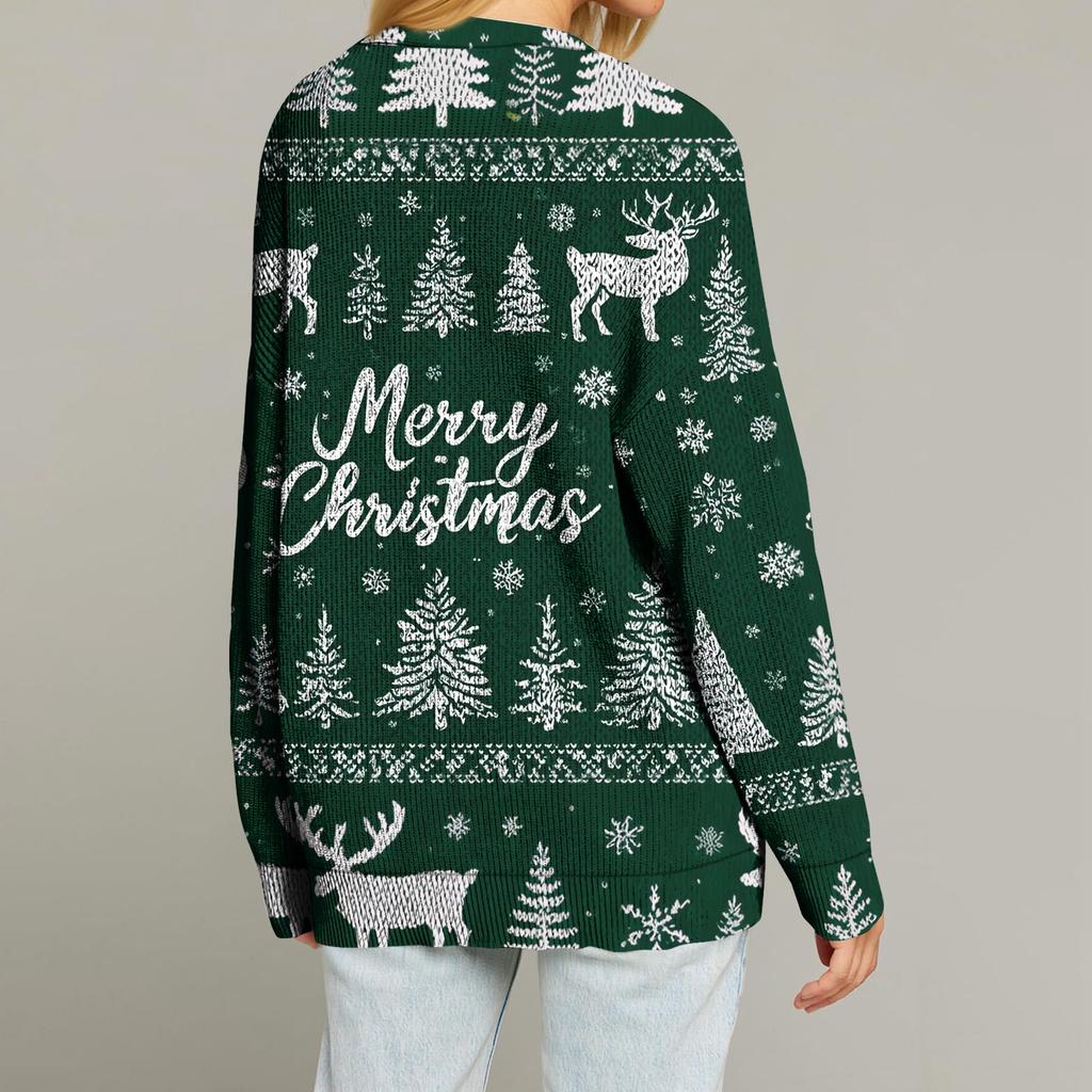 Women's Fashion Long Sleeve Christmas Print V-Neck Button Loose Cardigan Top
